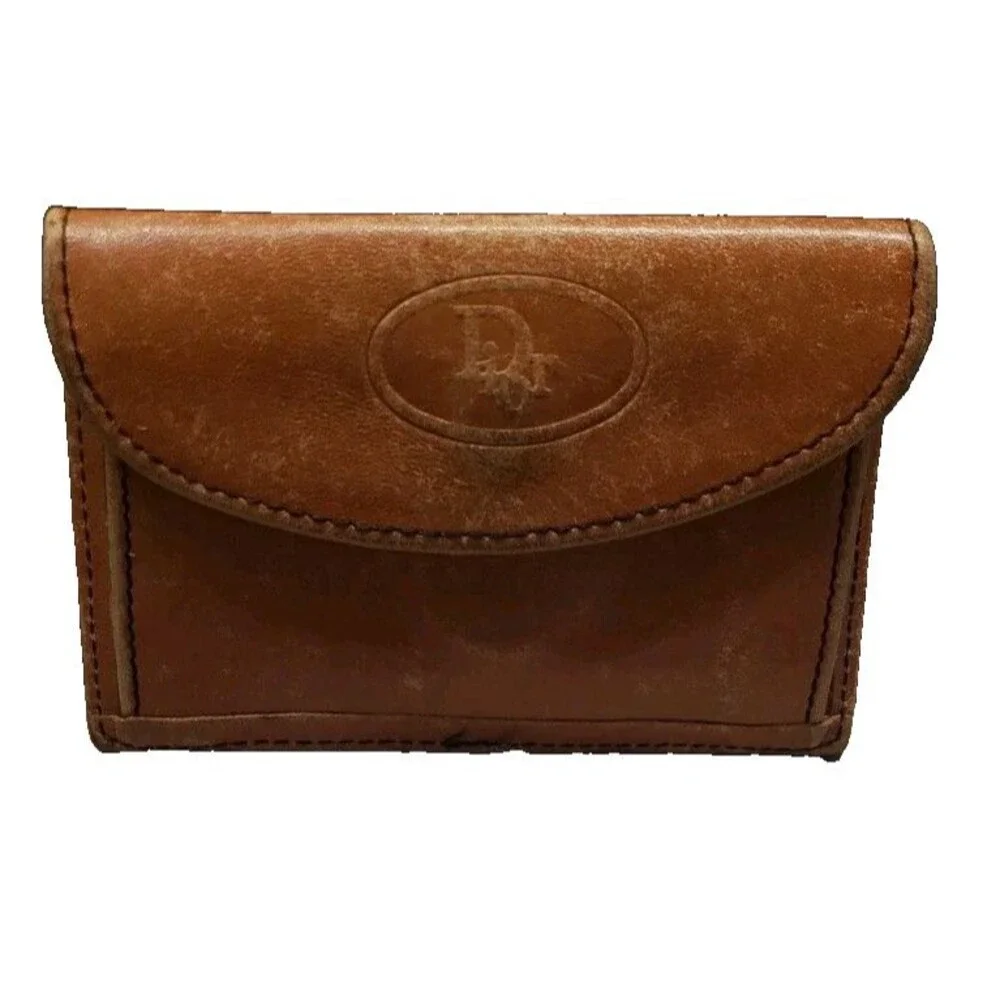 Vintage Christian Dior Brown Leather Card Case Wallet Envelope Oval Logo Graphic